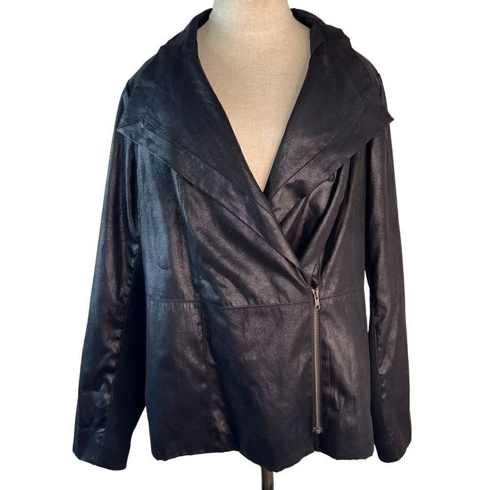 M by Mark Bouwer Black Shimmer Moto Jacket Draped Neckline Side Zip Womens Large
